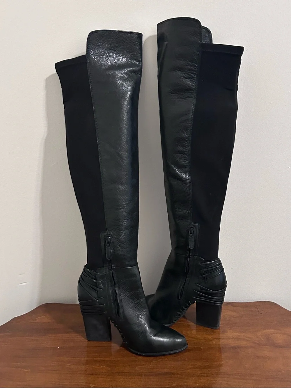 Dolce Vita Black Over-the-Knee Leather & Stretch Block Heel Boots Size 8